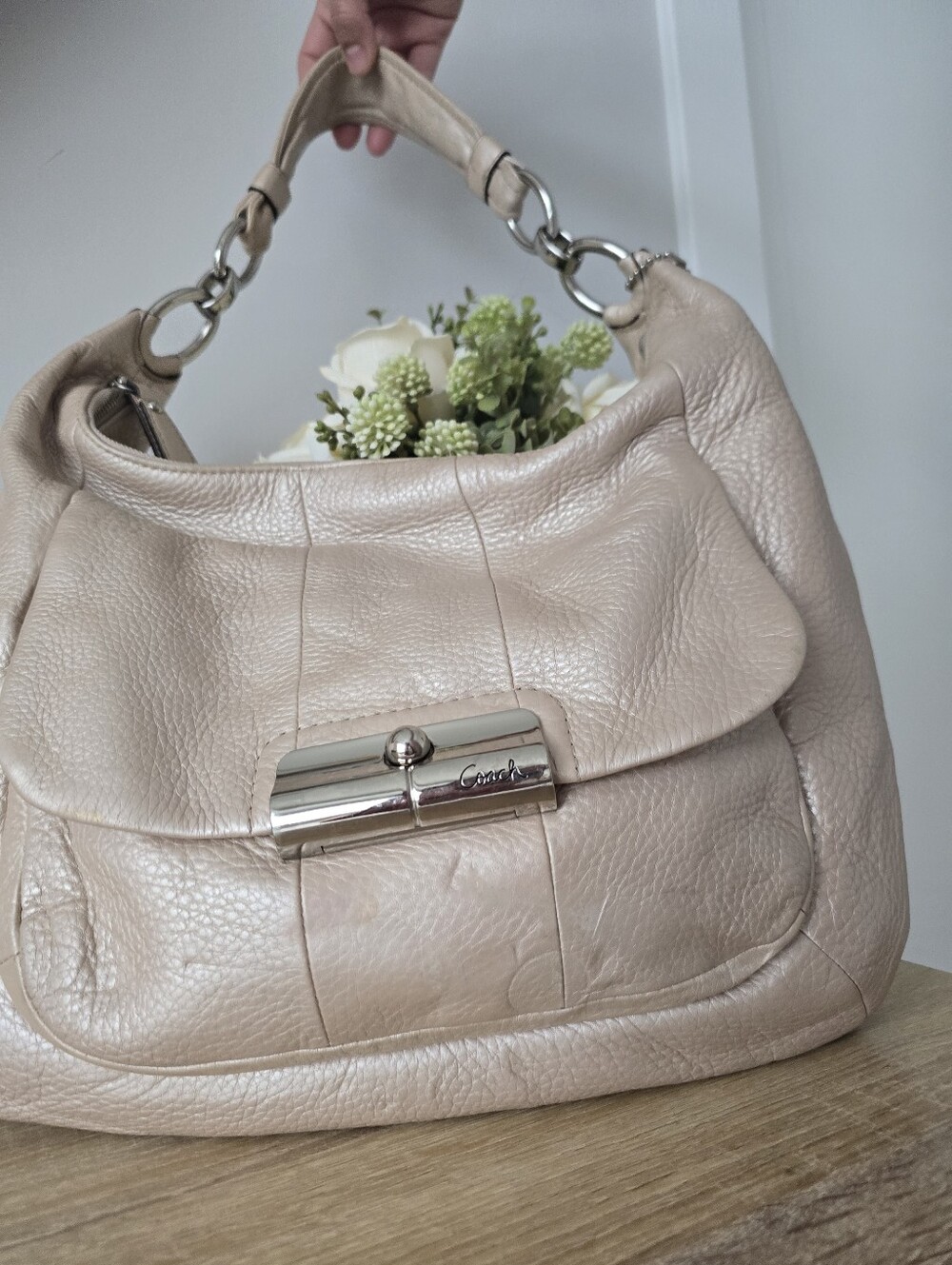 Y2K Authentic Coach Kristin Pearl Metallic Champagne Leather Hobo handBag 16808